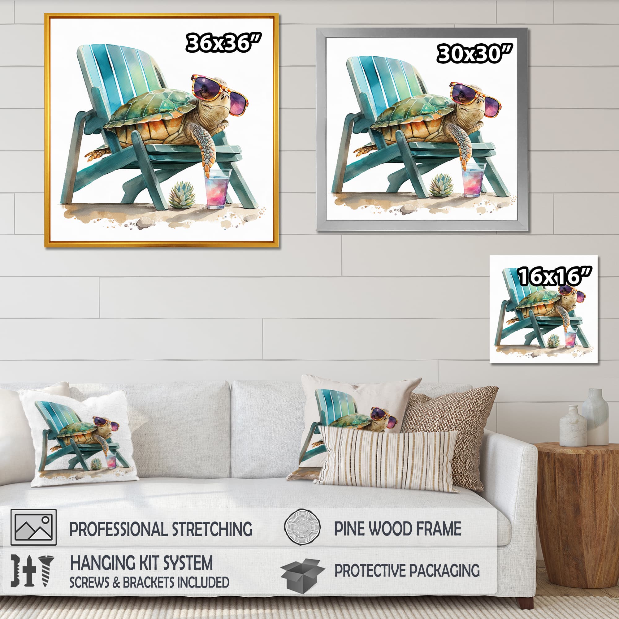 Designart 'Turtle Laying On A Beach Chair With Sunglasses I' Animals Framed Canvas Wall Art